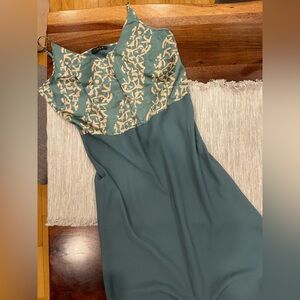 Linea Vintage 100% Silk Slip Dress, Green & Gold, size L